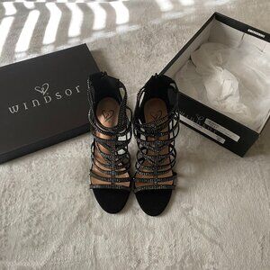 Women's Black, Bling, High Heel, Strappy zip up shoe in size 6 & 1/2 (6.5).